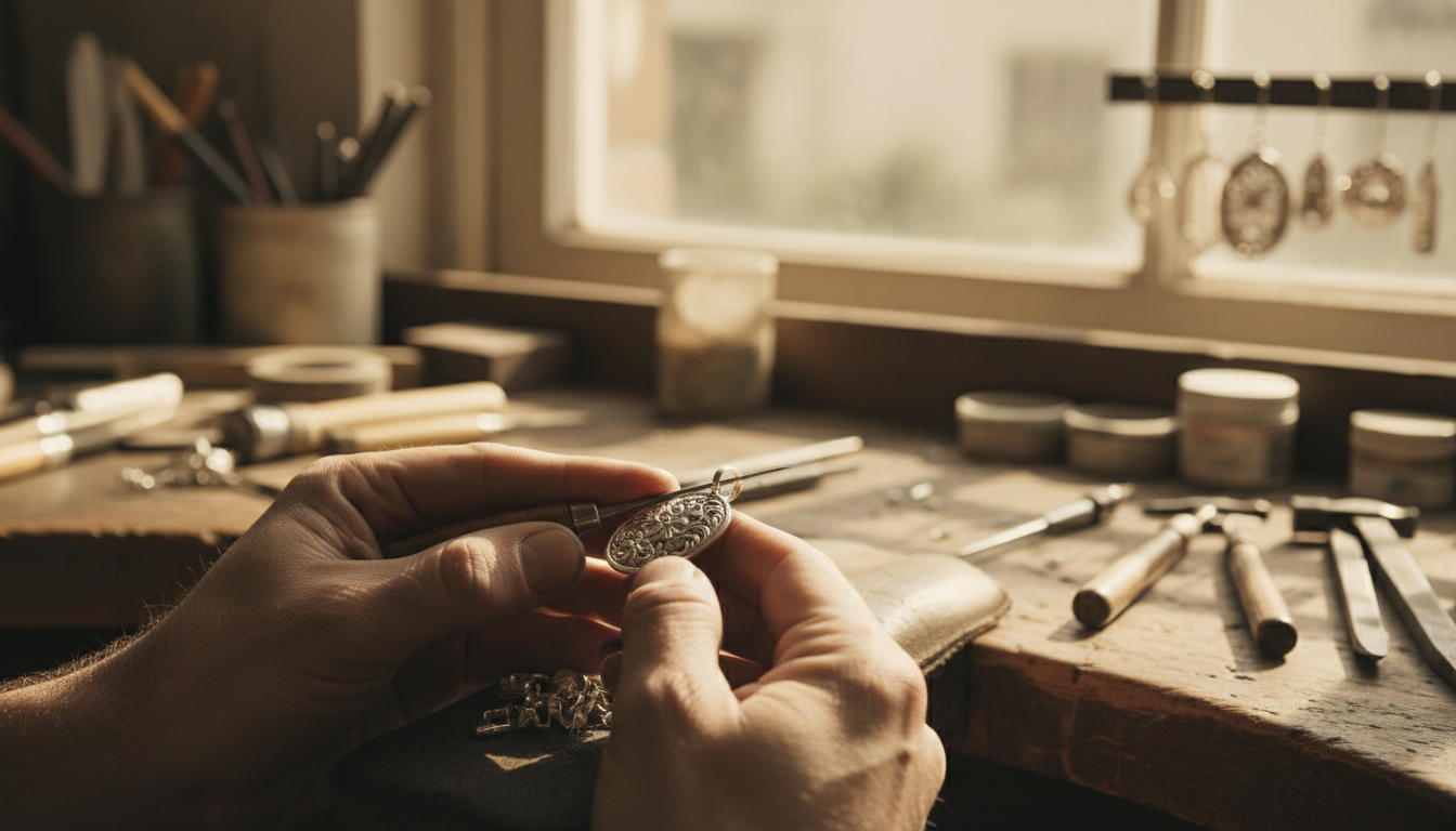 Artisan graveur en train de personnaliser un bijou à la main dans son atelier