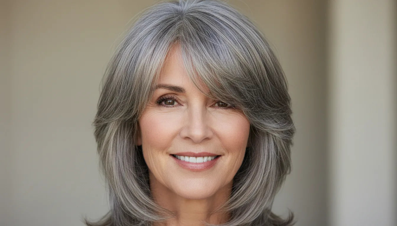 Coupe cheveux mi long dégradé effilé avec frange pour femmes de 60 ans