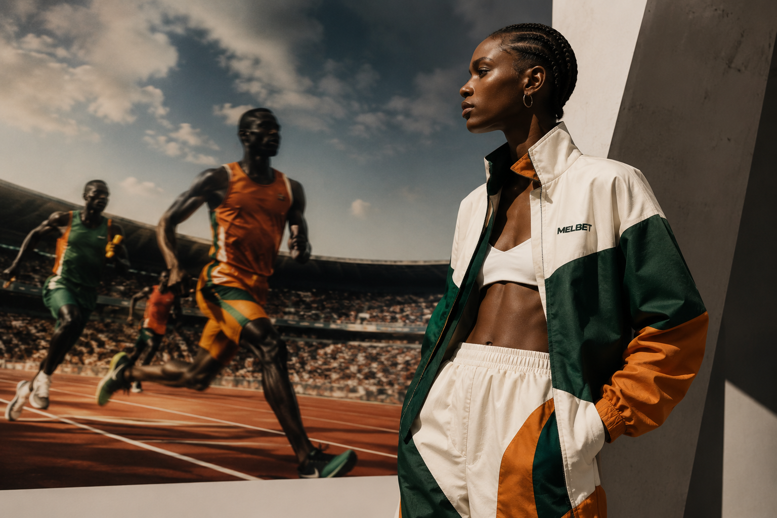 Mannequin portant une veste de survêtement Melbet devant une piste d'athlétisme, illustrant la rencontre entre mode et sport